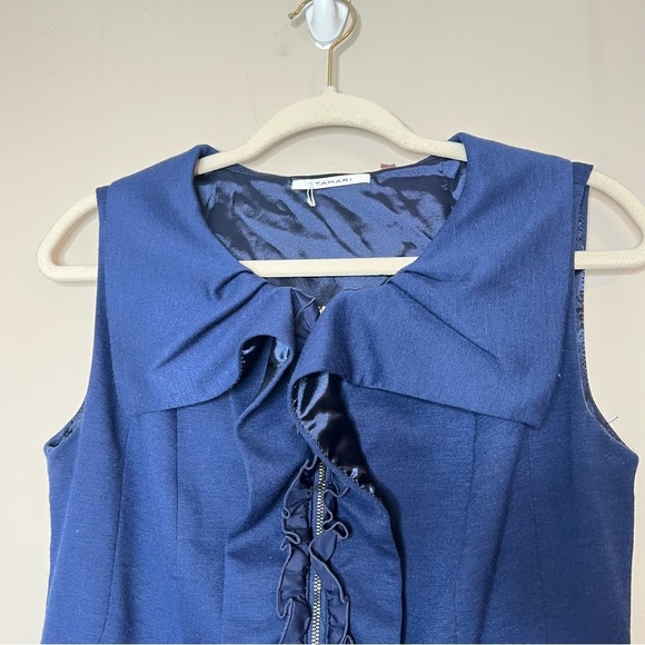 NWOT Tahari Ruffle Collar Neck Sleeveless Knee Length Dress Blue Cocktail Party - Picture 4 of 12